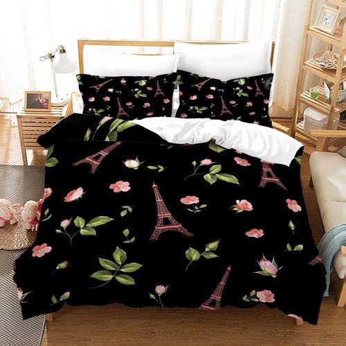 Parure De Lit Avec Housse De Couette Et Taie D'oreiller - Tour Eiffel Rose - Motif Fleurs - Taille Double - Noir - Imprim Feuilles Vertes - Pour Filles Et Femmes