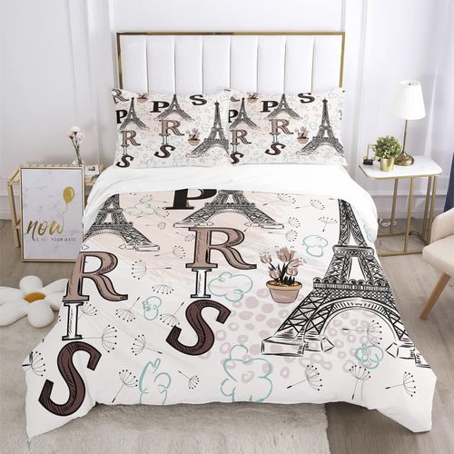 Parure De Lit Avec Housse De Couette Et Taies D'oreiller - Vintage Noir - Paires De Tours Eiffel - Queen Size - Imprim Fleurs - Pour Femmes Et Filles - En Microfibre Douce - Pou