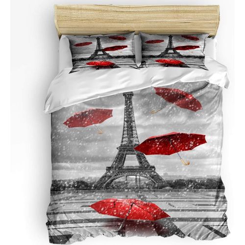 Parure De Lit ImprimE Avec Housse De Couette Et Taies D'oreiller, Noir Et Blanc, Paris, Tour Eiffel, Parapluies Rouges, Housse De Couette Douce Pour Enfants/Adultes