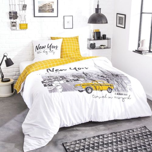 Parure De Lit Imprime En Coton Jaune 140x200