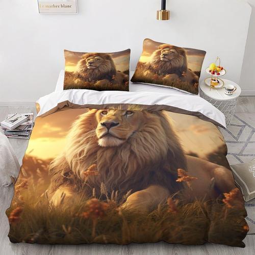 Parure De Lit Lion Avec Housse De Couette ImprimE En Forme De Faune, Housse De Couette En Microfibre Avec Taies D'oreiller Pour Enfants Et Adultes Avec Fermeture Clair, King Size