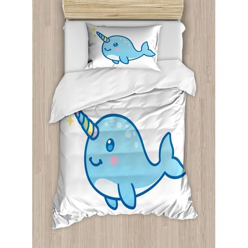 Parure de lit Narval, style dessin animé, baleine, corne arcenciel