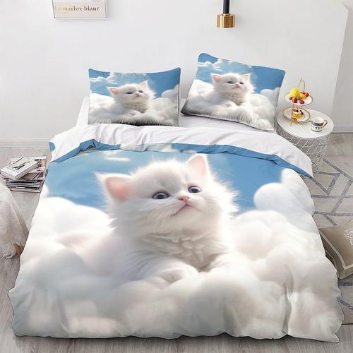 Parure De Lit White Clouds D Imprim Chaton Blanc Avec Housse De Couette Et Taies D'oreiller Pour Enfants Et Adultes En Microfibre Avec Fermeture Clair King Size