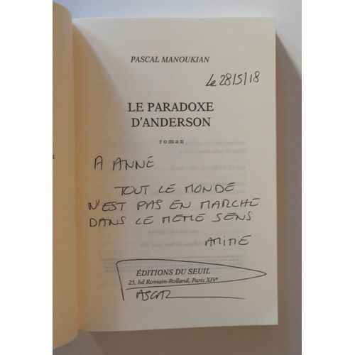 Pascal Manoukian Le Paradoxe D'anderson Avec Un Envoi Autographe Sign 2018 Seuil