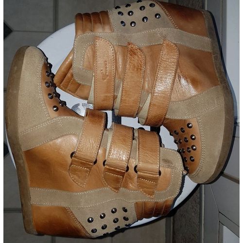 Pastelle - Bottine Boot Esprit Basket Compens En Cuir, Scratchs & Clous Rivets Argent Silver - 38