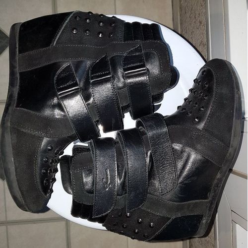 Pastelle - Bottine Boot Esprit Basket Compens En Cuir, Scratchs & Clous Rivets Argent Silver - 38