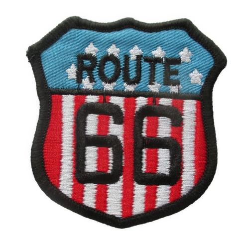 Patch Logo Route 66 Sur Fond Au Couleur Du Drapeau Americain 6.5x6cm