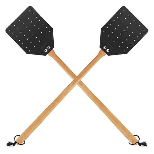 Patette  Mouches En Cuir Pour L'intrieur / L'extrieur, Tapette  Mouches De Service Avec Poigne En Bois De Noyer 19,7 Pouces De Long Fly Swatted Manual 2 Pack
