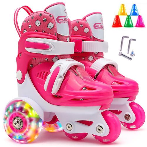 Patins A Roulettes Quadruples Pour Enfants, Chaussures A Roulettes A 3 Points D'equilibre Pour Filles Et Garcons, Taille Reglable, Doubles Freins, Roues Lumineuses