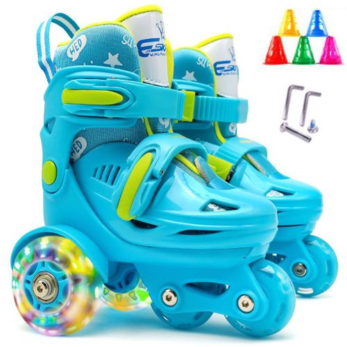 Patins A Roulettes Quadruples Pour Enfants, Chaussures A Roulettes A 3 Points D'equilibre Pour Filles Et Garcons, Taille Reglable, Doubles Freins, Roues Lumineuses