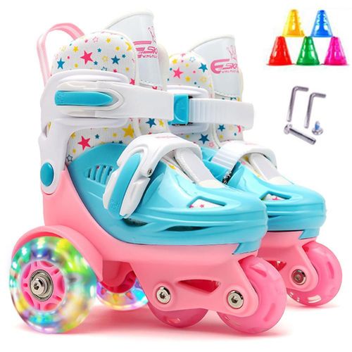 Patins A Roulettes Quadruples Pour Enfants, Chaussures A Roulettes A 3 Points D'equilibre Pour Filles Et Garcons, Taille Reglable, Doubles Freins, Roues Lumineuses