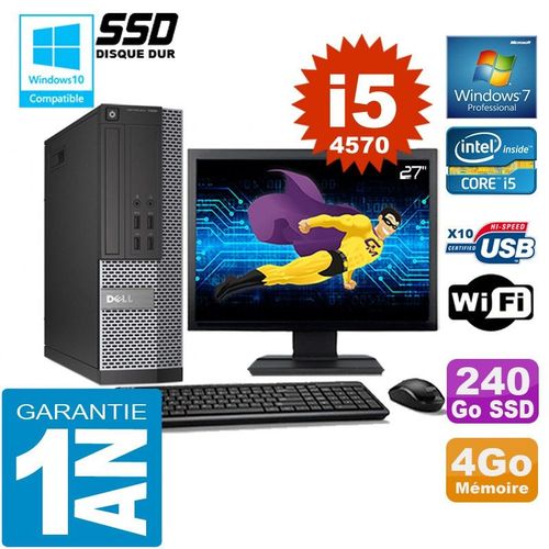 PC DELL 7020 SFF Core I5-4570 Ram 4Go Disque 240 Go SSD Wifi W7 Ecran 27