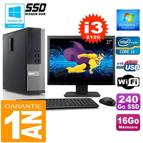 PC DELL 990 SFF Core I3-2120 Ram 16Go Disque 240 Go SSD Wifi W7 Ecran 27