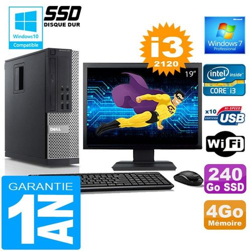 PC DELL 990 SFF Core I3-2120 Ram 4Go Disque 240 Go SSD Wifi W7 Ecran 19