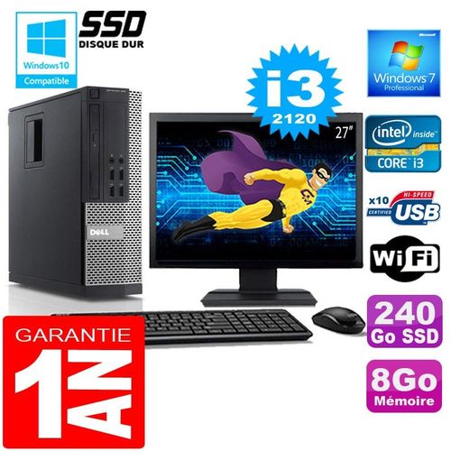 PC DELL 990 SFF Core I3-2120 Ram 8Go Disque 240 Go SSD Wifi W7 Ecran 27
