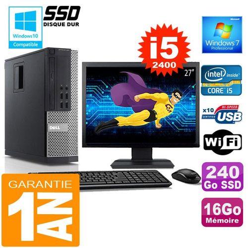 PC DELL 990 SFF Core I5-2400 Ram 16Go Disque 240 Go SSD Wifi W7 Ecran 27