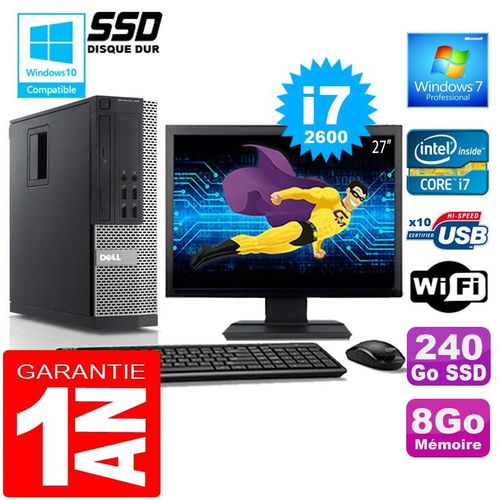 PC DELL 990 SFF Core I7-2600 Ram 8Go Disque 240 Go SSD Wifi W7 Ecran 27