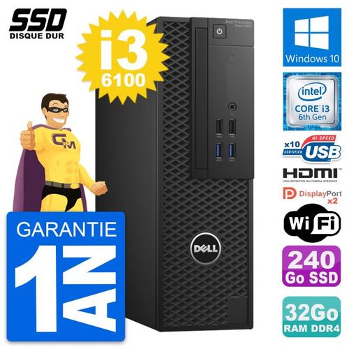 PC Dell Precision T3420 SFF Core i3-6100 RAM 32Go SSD 240Go HDMI Windows 10 Wifi