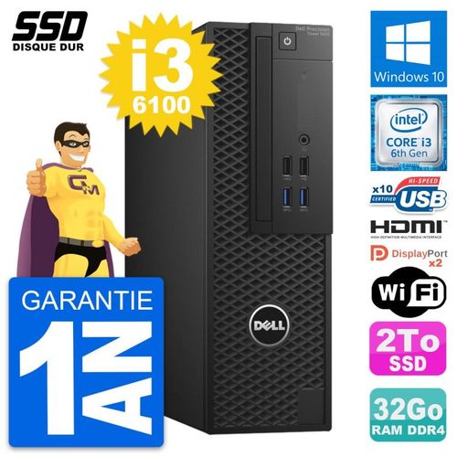 PC Dell Precision T3420 SFF Core i3-6100 RAM 32Go SSD 2To HDMI Windows 10 Wifi