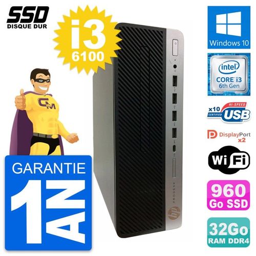PC HP ProDesk 600 G3 SFF Intel Core i3-6100 RAM 32Go SSD 960Go Windows 10 Wifi