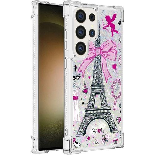 Pc Rigide Combinant Doux Tpu Coque Pour Samsung Galaxy S24 Ultra Pop Magnifique Liquide Paillettes Coque tincelle Protection Arrire Silicone Coque Antichoc Transparente Pour Galaxy A05,Tour Eiffel
