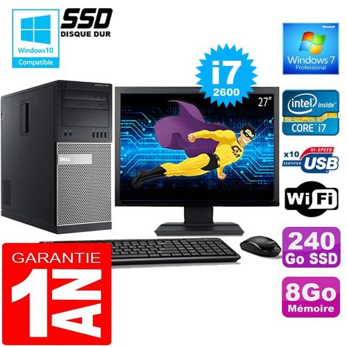 PC Tour DELL 7010 Core I7-2600 Ram 8Go Disque 240 Go SSD Wifi W7 Ecran 27