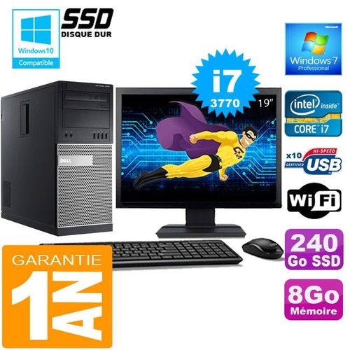 PC Tour DELL 7010 Core I7-3770 Ram 8Go Disque 240 Go SSD Wifi W7 Ecran 19