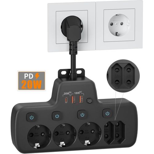 Pd20w Multiprise Murale Avec Interrupteur,Multiprise Electrique Avec Usb C Pd20w Et Qc18w Charge Rapide Prise Multiple Avec Interrupteur Individuel Bureau Cuisine Multiprise 5 Prises Parafoudre,Noir