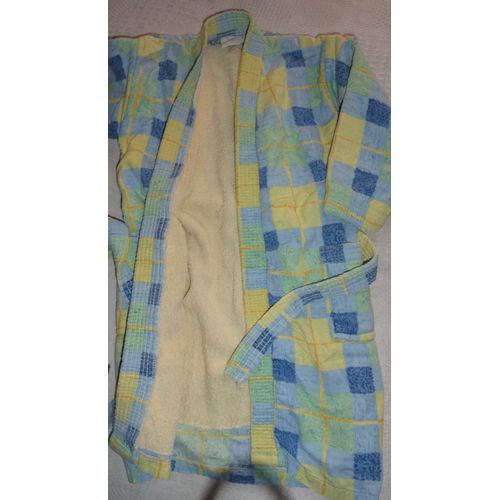 Peignoir Pour Enfant - Carreaux Bleu/Vert/Jaune, Intrieur Jaune - Taille Environ 5 Ans - Avec 2 Poches Et 1 Ceinture