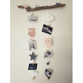 Pele Mele Mobile Porte Photos Bois Flotte Idee Cadeau Naissance Bebe Chouette Hibou Nuage Etoiles Rakuten