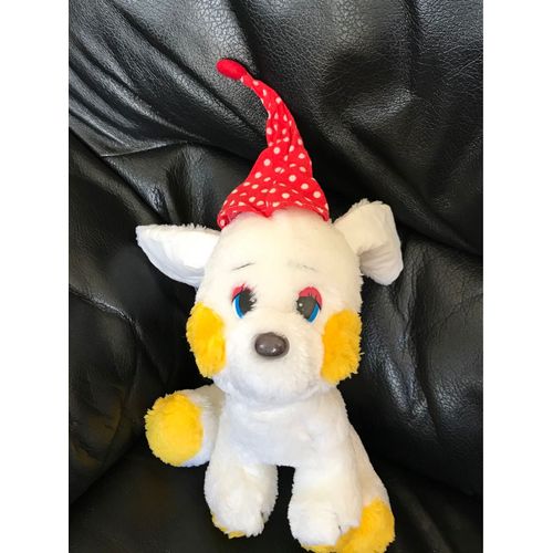 Peluche Doudou Chien Blanc Et Jaune Chapeau Rouge  Pois Blanc Vintage Assis Costiel Cf 25-30cm