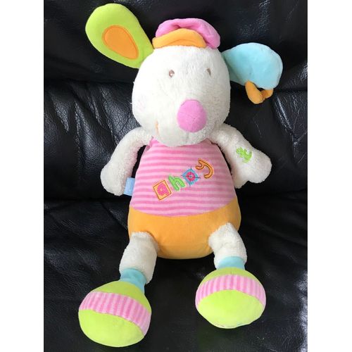 Peluche Doudou Souris Ahoy Hochet Babysun Rose Jaune Blanc Vert Et Boucle D Oreille Jaune 35cm