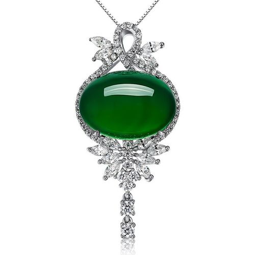 Pendentif Calcdoine Vert Agate meraude Synthtique Pendentif Femme Jade Micro-Serti Cluster Collier En Argent Argent Lvn4272