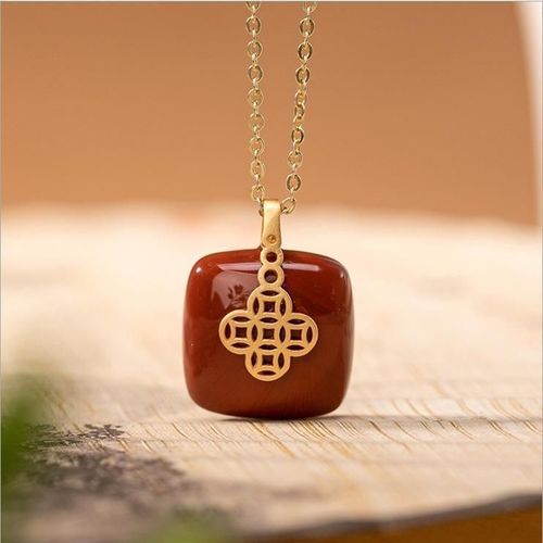 Pendentif Carr Sud Rouge En Argent Sterling Plaqu Or, Pierre D'agate  NUd Chinois, Pendentif Gomtrique Style Palais