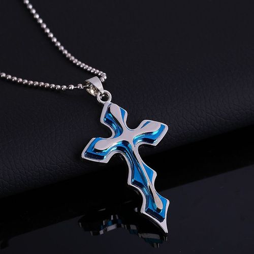 Pendentif Croix Ondule En Acier Inoxydable, Chane De Perles Pour Femmes Et Hommes, Chane De Clavicule, Pendentif Religieux Bleu Argent