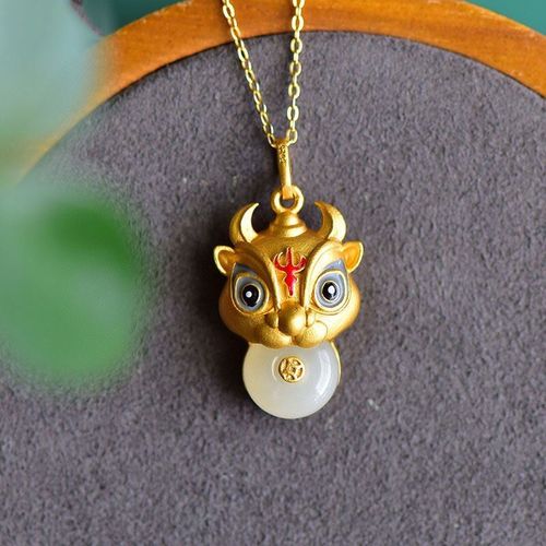 Pendentif De Tte De Vache En Jade Hetian, Mode Nationale Populaire, Perle De Paix, Argent Ancien, Or Incrust De Jade Naturel P