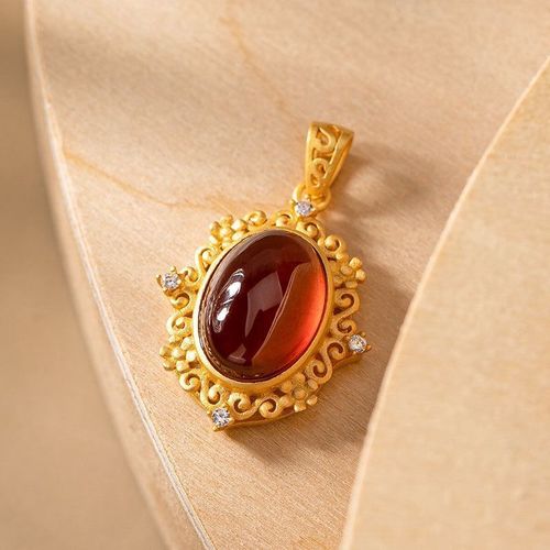 Pendentif En Argent Incrust De Grenat Orange, Collier lgant De Style Chinois Rtro Or Dor Luxe Noble Marque Unique Bijoux Pour Femmes