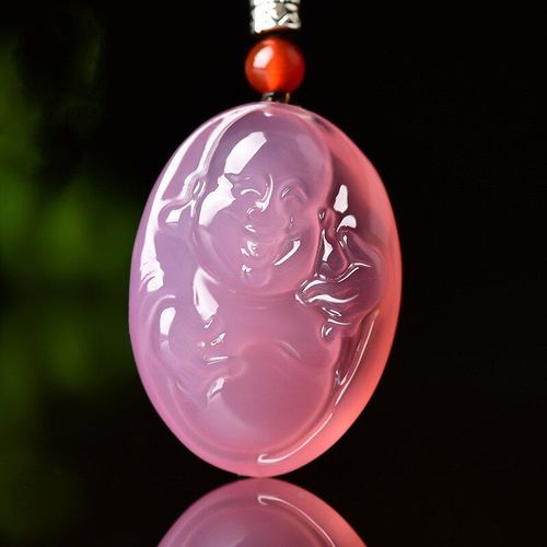 Pendentif En Calcdoine Rose Naturelle Sculpte  La Main, Bouddha Souriant, Bijoux  La Mode Pour Hommes, Collier Incrust D'argent 925