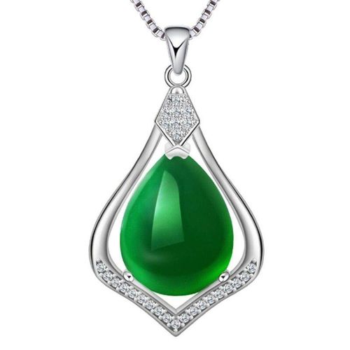 Pendentif En Calcdoine Verte Naturelle, Collier Incrust D'argent 925, Sculpt  La Main,  La Mode, Pour Hommes Et Femmes