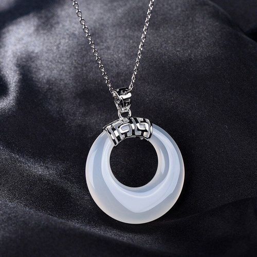 Pendentif En Calcdoine Verte Naturelle Sculpte  La Main, Boucle De Scurit, Bijoux  La Mode Pour Hommes Et Femmes, Collier En Agate Verte Incruste D'argent 925
