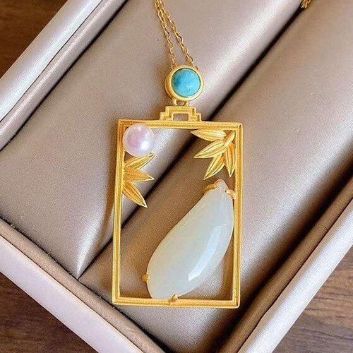 Pendentif En Forme De Feuille De Bambou En Jade Naturel Hetian Pour Femme, Cadre Carr Rtro, Niche, Design Original, Collier De Style Chinois, En Argent Sterling C