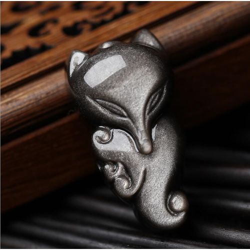 Pendentif En Forme De Renard Obsidienne Naturelle, En Argent, Petit Renard Obsidienne  Neuf Queues, Pour Hommes Et Femmes, Avec Le Mme Pendentif