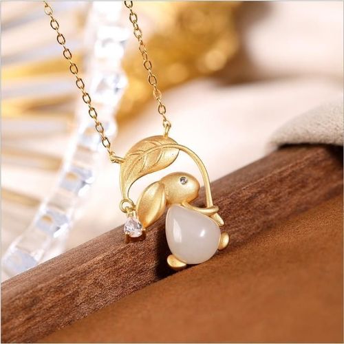 Pendentif En Jade Htian Naturel, Branche Dore, En Forme De Lapin Du Zodiaque, En Argent Sterling S925, Plaqu Or Blanc