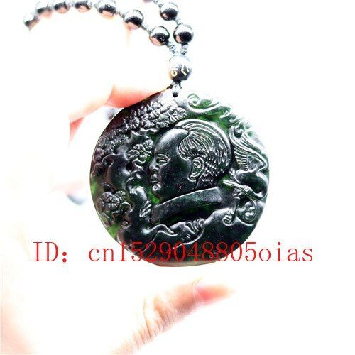 Pendentif En Jade Obsidienne Mao Zedong Pour Femmes, Collier De Perles, Amulette Sculpte, Noir Et Vert Naturel, Bijoux Fins, Cadeaux De Charme  La Mode