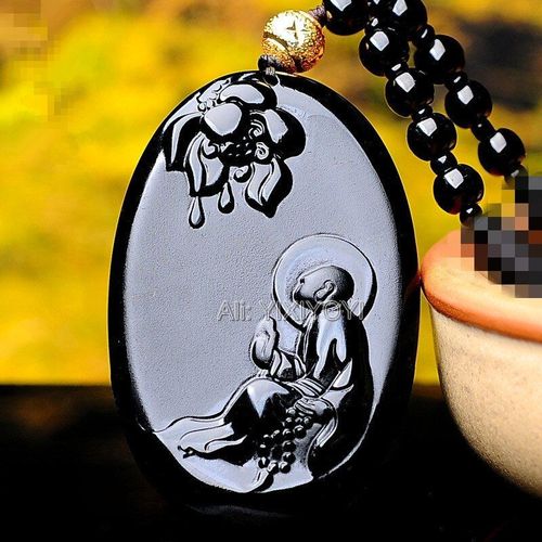 Pendentif En Obsidienne Noire Naturelle, Amulette Chinoise Bouddhiste, Fleur De Bouddha, Totem + Collier De Perles, Breloque, Cadeau, Bijoux En Cristal