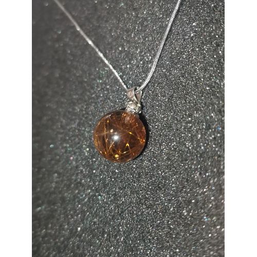 Pendentif En Quartz Rutile - Sphre En Quartz De 16.5 Mm - Argent 925 - Chane Incluse - Pierre Naturelle (Ref4)