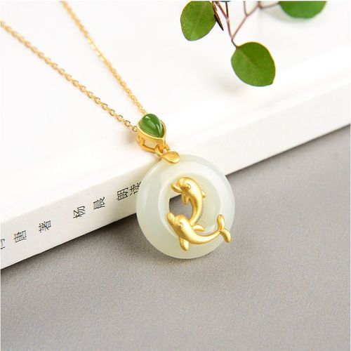 Pendentif Poisson Jade Blanc Naturel Hetian, Collier Avec Boucle De Scurit En Argent Sterling S925, Style Ancien, Or pais Incrust Orn