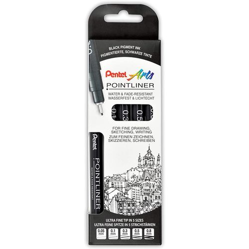 Pentel Feutre Technique Permanent Pointliner, Set De 5, Noir