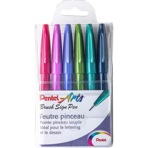 Pentel Pochette De 6 Feutres Pinceau Brush Sign Pen : 1 X Rouge Framboise, 1 X Bleu Nuit, 1 X Vert Olive, 1 X Vert Turquoise, 1 X Mauve, 1 X Indigo