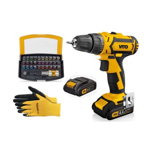 Perceuse Visseuse 14.4v + 2 Batteries Lithium 2ah Vito + Coffret 32 Embouts + Gants + Chargeur Et Mallette Vitopropower